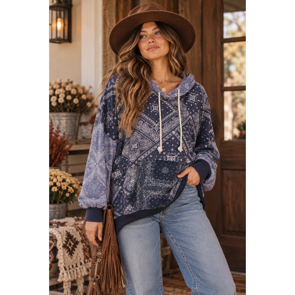 American Eagle Blue Bandana Patchwork Paisley Hoodie Large